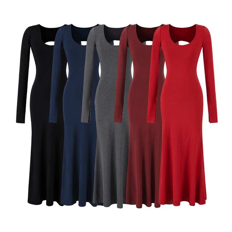 Long-Sleeve Tight-Fitting Fishtail Bodycon Extended Dress for Women, Solid Color V-Neck, Deep Backless Knit Dress