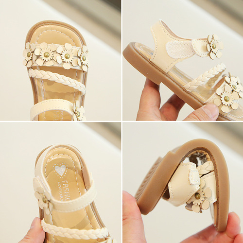  new summer girls' woven sandals, children's flower princess shoes, middle and large children's campus soft-soled beach shoes
