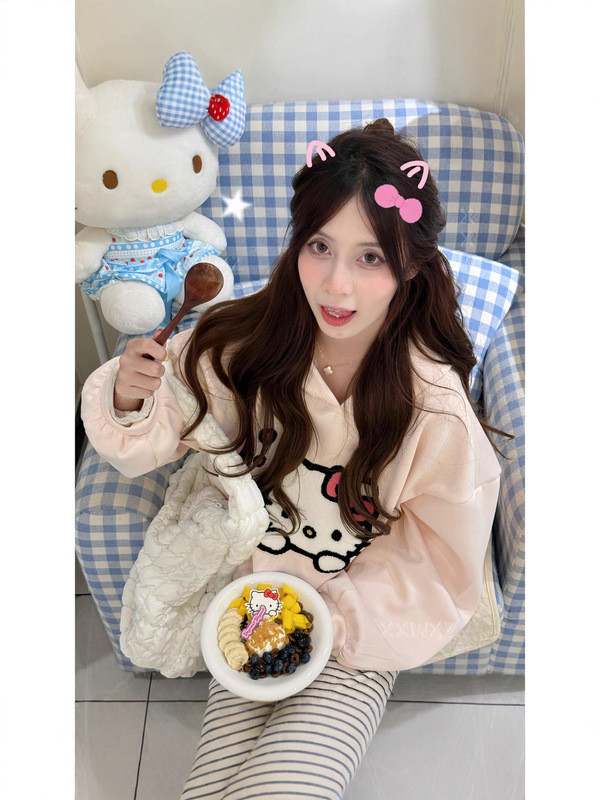 可爱萌系Kitty猫刺绣连帽卫衣女新款宽松oversize慵懒风甜美外套|undefined