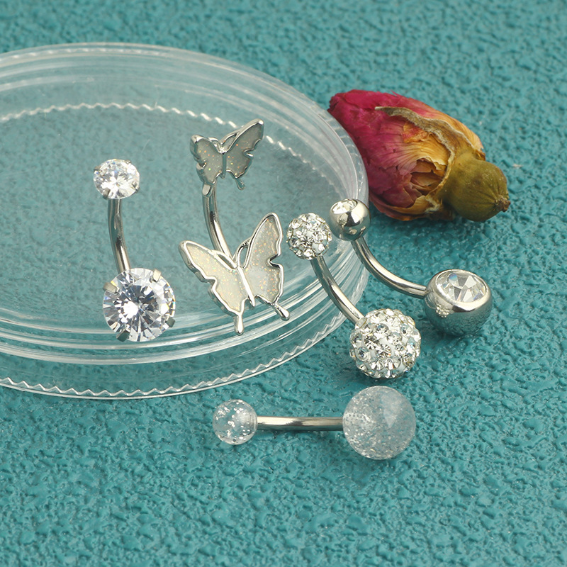 Deep Blue Butterfly Dangle Belly Button Ring Heart Shaped Navel Jewelry Stainless Steel 5-Piece Set Piercing detail image 7