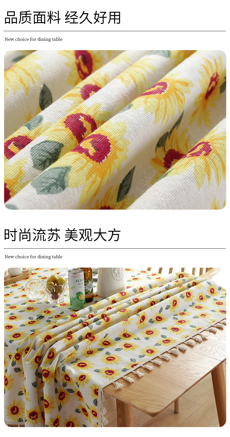 Bohemian Rectangle Sunflower Printed Cotton Linen Fringed Edge Household Tablecloth display picture 1