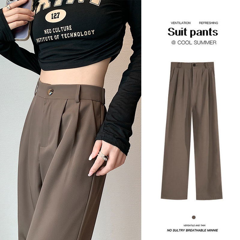 Khaki Wide-Leg Pants for Women, 202 Spring Hot-Selling Style, Slimming High-Waisted Drapey Narrow Straight-Leg Suit Casual Pants for Women