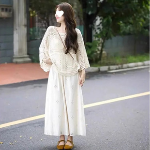 Gentle French Style Lazy Matching Crochet Hollow-Out Knit Top and Skirt Two-Piece Set