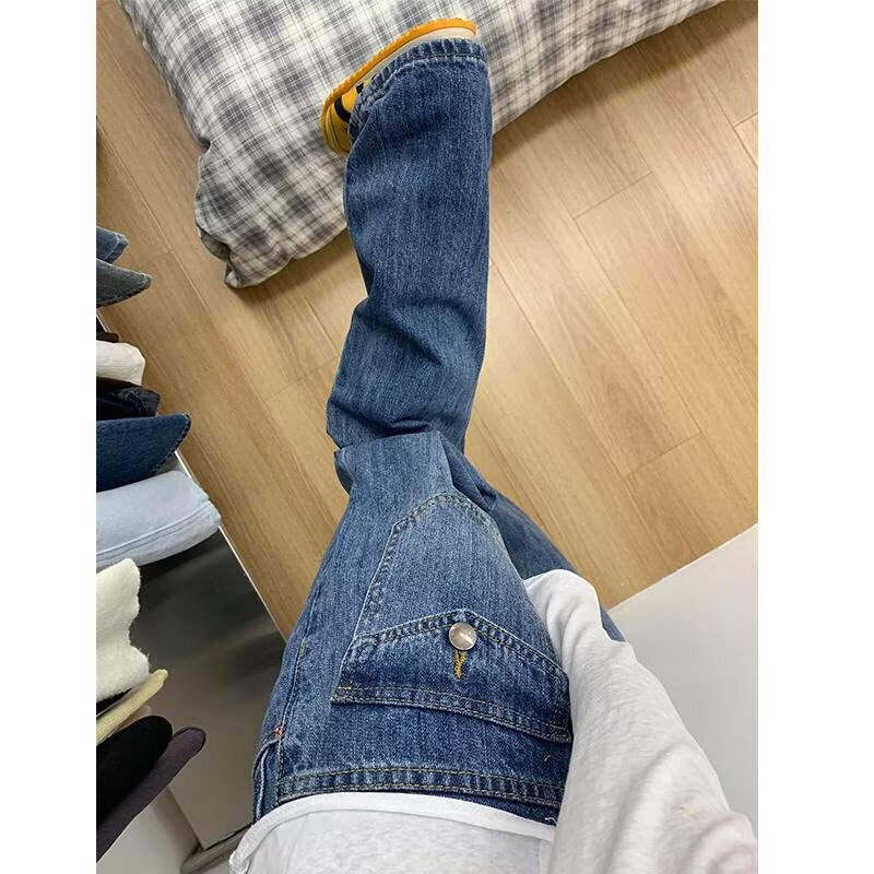 美式辣妹低腰直筒牛仔裤女2025新款复古水洗设计感显瘦拖地阔腿裤|undefined