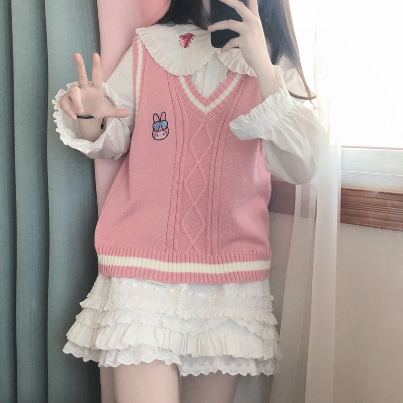 Pudín de Perro bordado de Primavera y Otoño Nueva JK Chaleco de punto de las mujeres chaleco overwear flojo estilo de la Universidad dulce suave glutinoso image 4