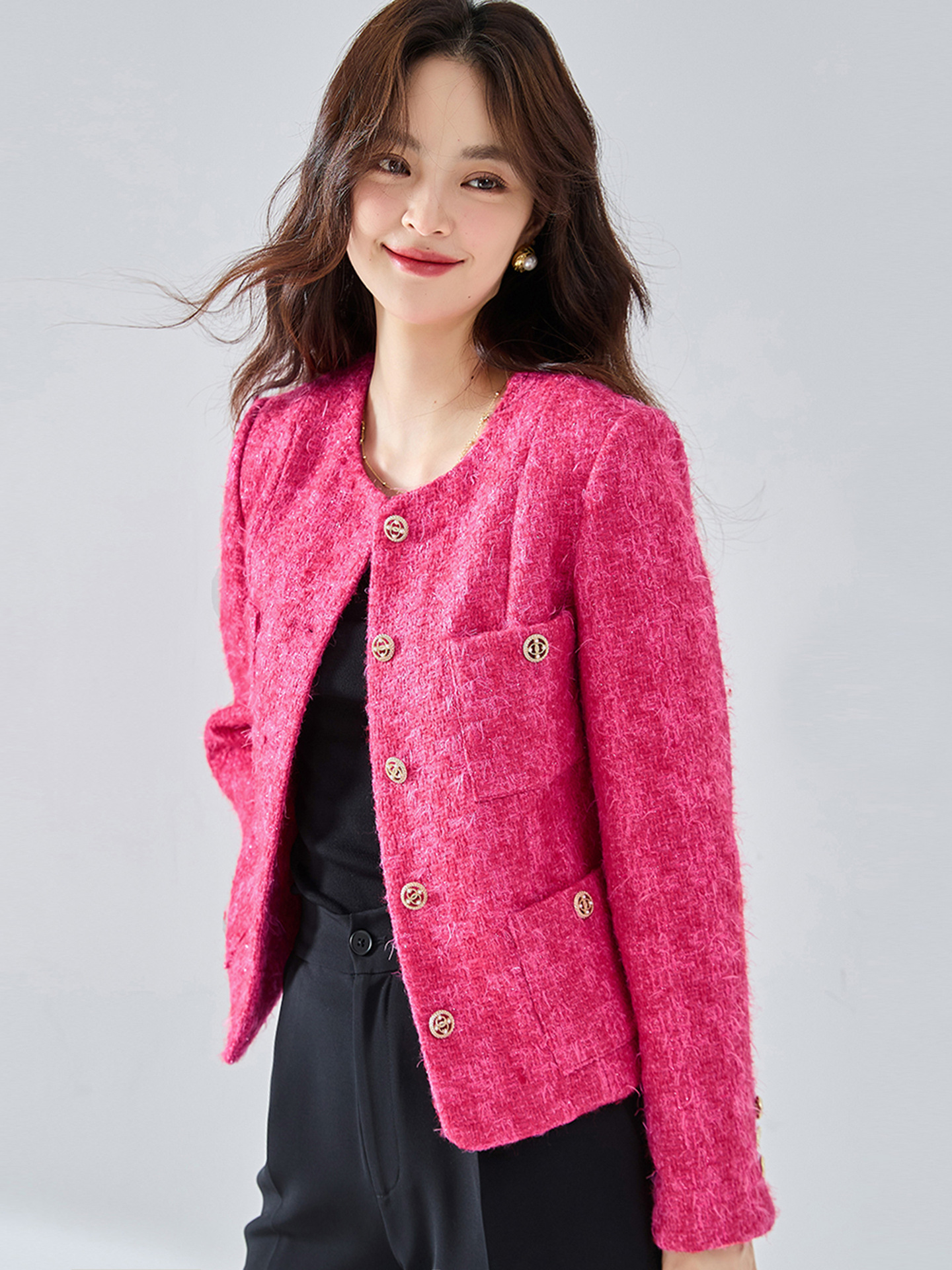Chaqueta Corta de Estilo Elegante para Mujer de Poliéster con Cuello Redondo