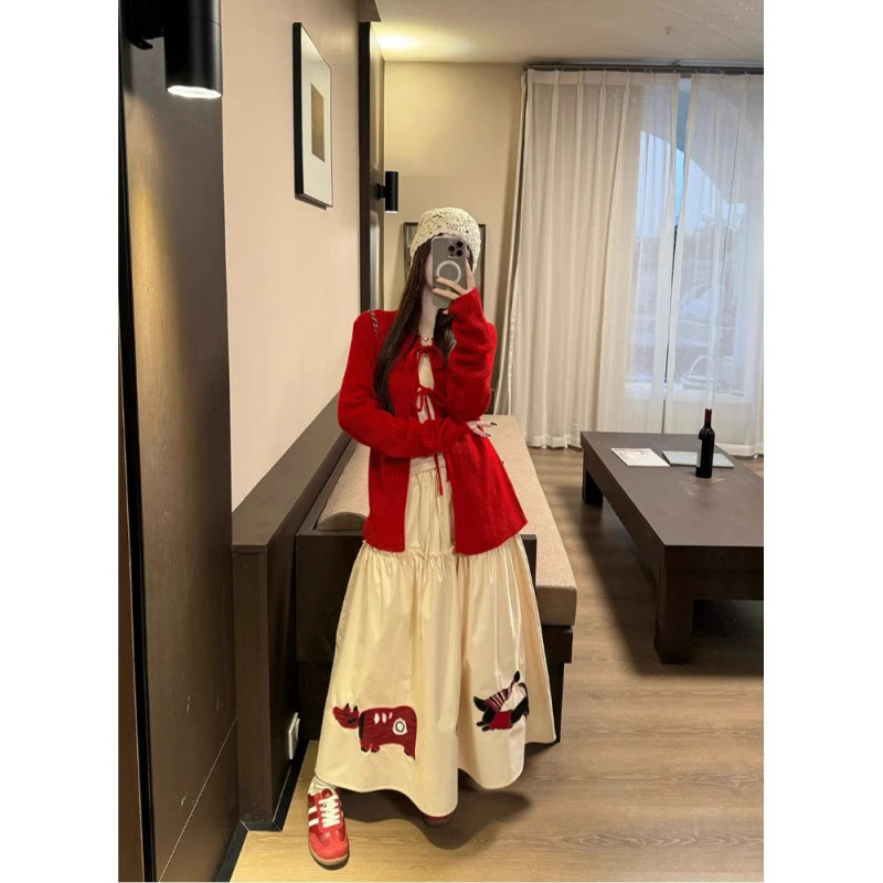 小众长袖T恤蝴蝶结绑带针织衫外套温柔风套装女春季半身裙三件套|undefined