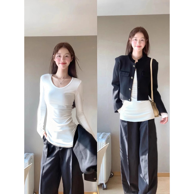White mid-length women's base shirt in a Chanel-inspired style, slim-fit long-sleeve t-shirt for autumn and winter, Korean-style extended top White mid-length women's base shirt in a Chanel-inspired style, slim-fit long-sleeve t-shirt for autumn and winter, Korean-style extended top