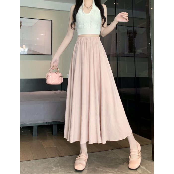 高級感亜麻綿質米白色半身スカート女性夏の新モデルの中で、ゆったりとした着痩せa字のロングスカート