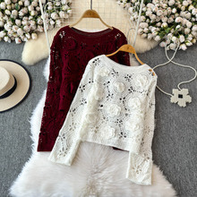 欧洲站2025秋季新款欧货时尚精品镂空羊毛衫女装立体花朵圆领毛衣