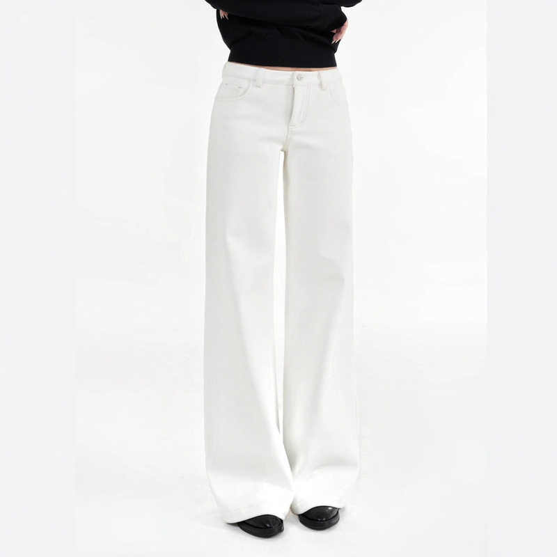 In-Stock American-Style Mid-Low Waist Slimming White Jeans Stretchy Wide-Leg Pants Loose Simple Versatile Straight-Leg Pants