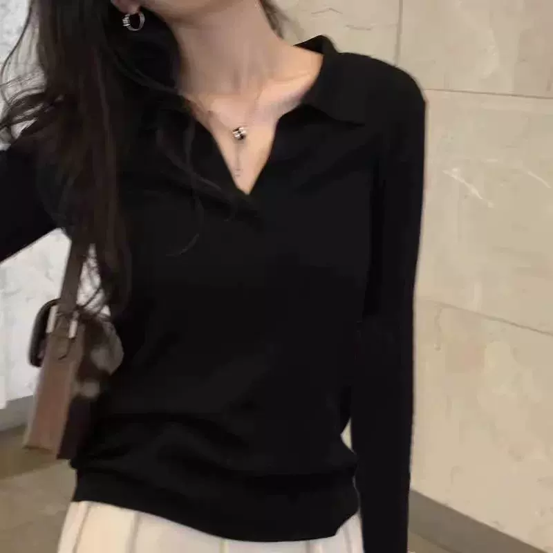 25韩系POLO领天丝羊毛针织衫女套头纯色宽松气质百搭软糯打底毛衣