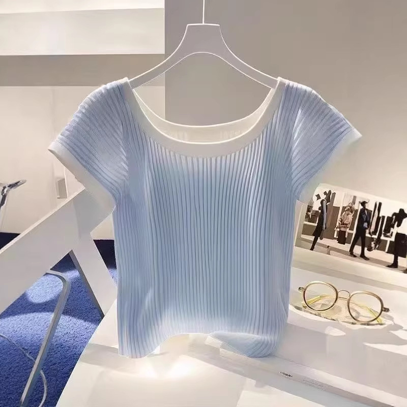 Brother's Boutique Quality Summer New Fashion Versatile Thin Ice Silk Knit Design Niche Short-Sleeve T-Shirt for Women