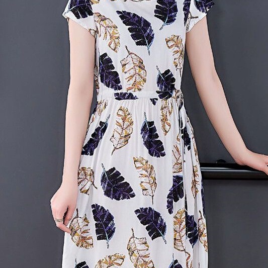 Mid-Length Skirt with Lace-Up Design, Slimming, New Summer Fashion, Waist-Cinching, Loose-Fitting Cotton Silk Dress for Women, Printed Short Sleeves Mid-Length Skirt with Lace-Up Design, Slimming, New Summer Fashion, Waist-Cinching, Loose-Fitting Cotton Silk Dress for Women, Printed Short Sleeves