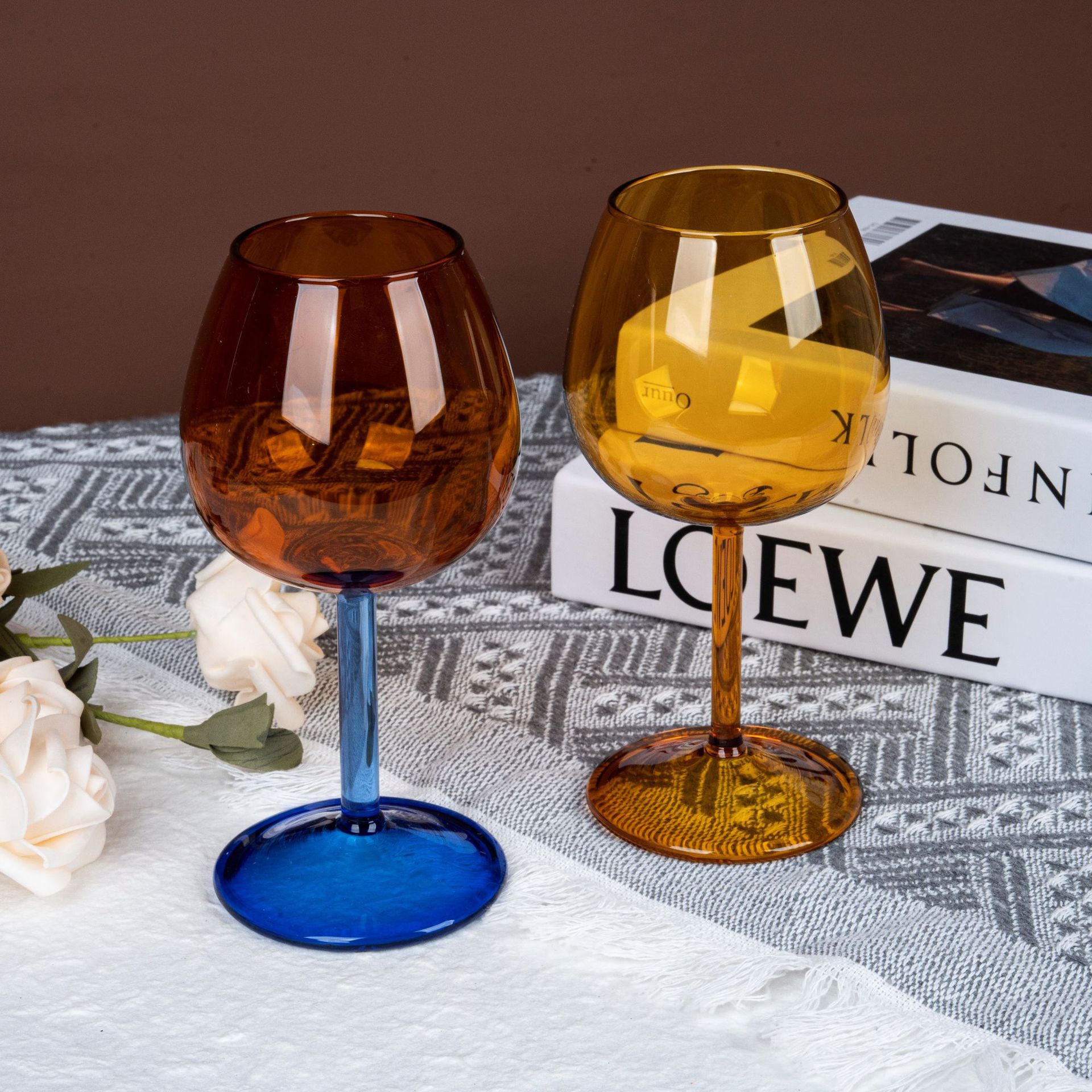 撞色艺术玻璃高脚杯 琥珀蓝调创意酒杯 轻奢家居装饰酒具个性摆件