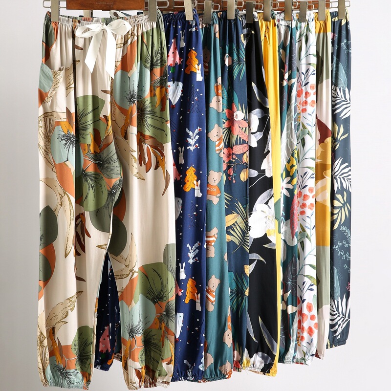 Cotton Silk Sleep Pants for Women, Summer New Style, Large Size, Loose Fit, Suitable for Pregnant Women, Can Be Worn Outside, with Pockets, Lantern-Style Cuffed Long Pants
