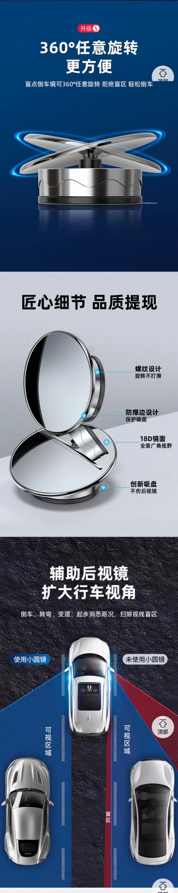 Car rearview mirror blind spot auxiliary mirror, ultra-clear 360-degree panoramic wide-angle suction cup type