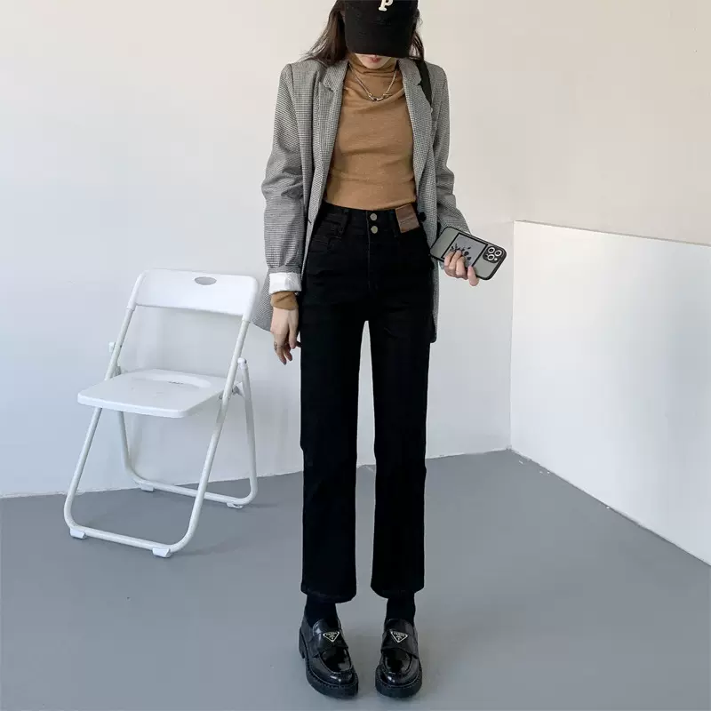 黑色直筒牛仔裤女2022秋季新款大码高腰显瘦显高小个子九分烟管裤