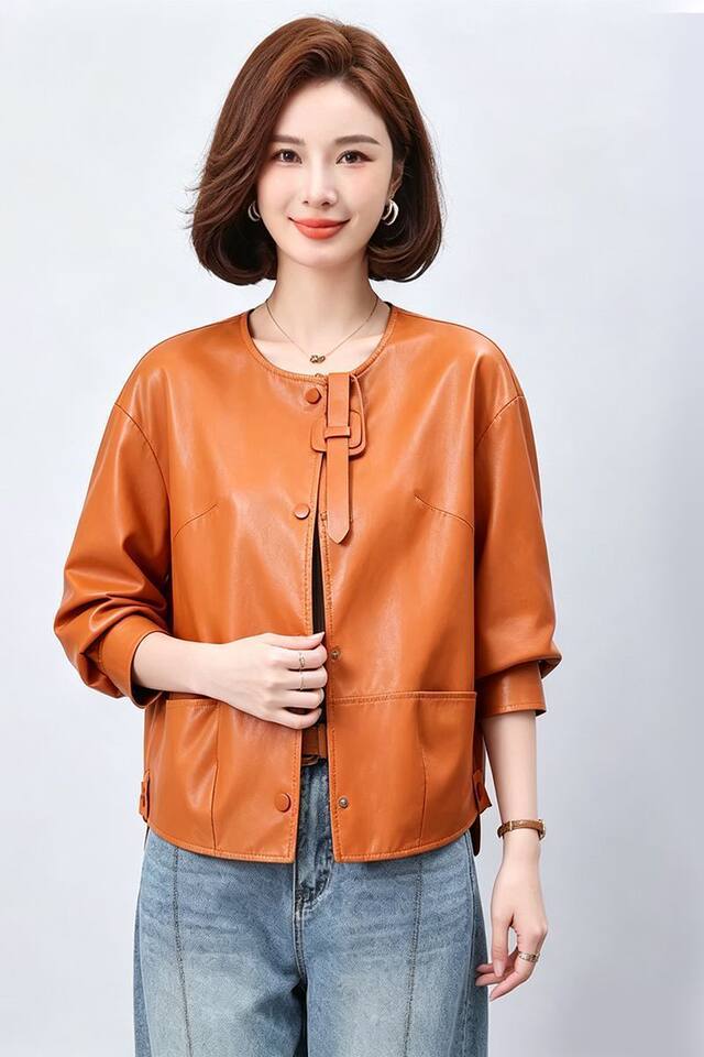Áo khoác da nữ dáng ngắn ôm vừa, cổ lập, tay dài, phong cách thanh lịch — Cam Hermès, đen chi tiết 22