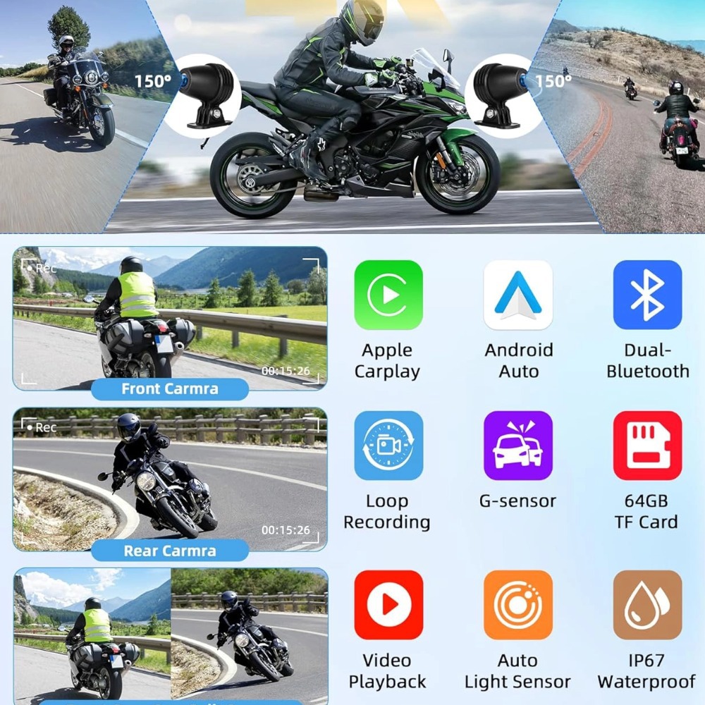 6.25inch Motorcycle Carplay Dual Lens Dash Cam Wifi Bluetooth Gps Wired Control Front and Rear 2K
