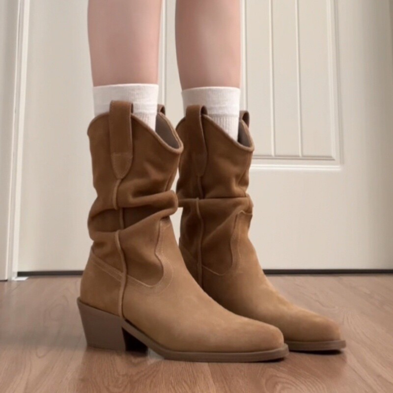 Wu Xin's Same Style Too~Retro Western Knight Boots Autumn Memory High Heel Short Boots Women's Slimming Maillard Pile Boots