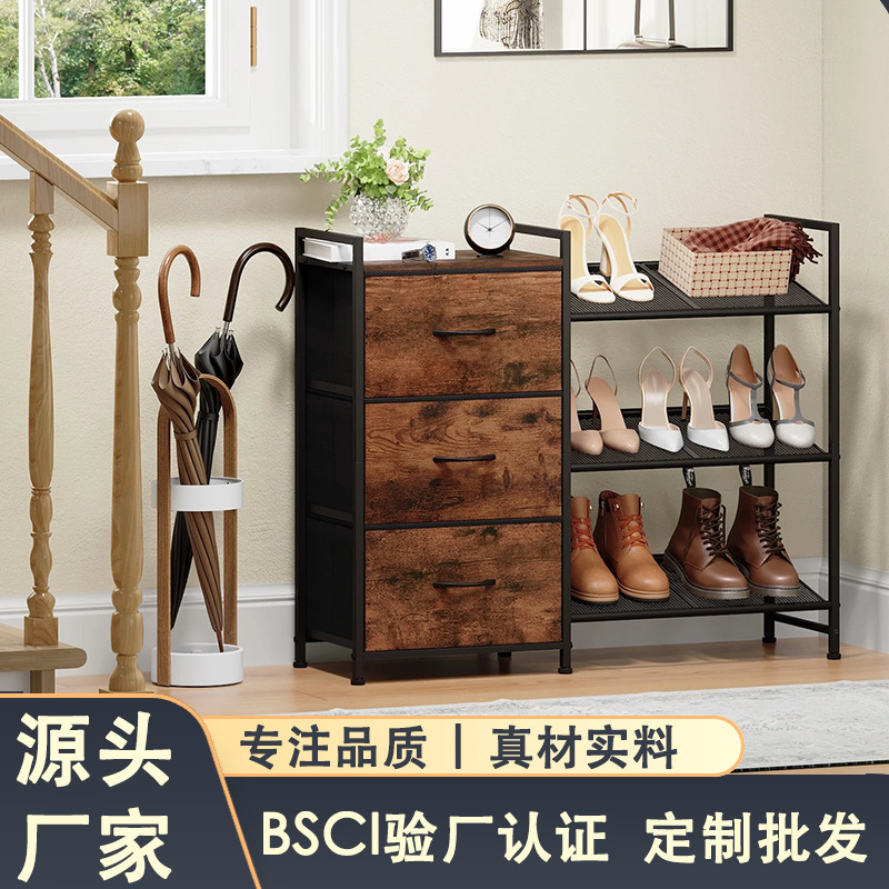 Customized Entry Shoe Rack with Storage Cabinet Integrated Multi-Layer Storage Cabinet with Drawers Simple Retro Iron Wood Shoe Cabinet