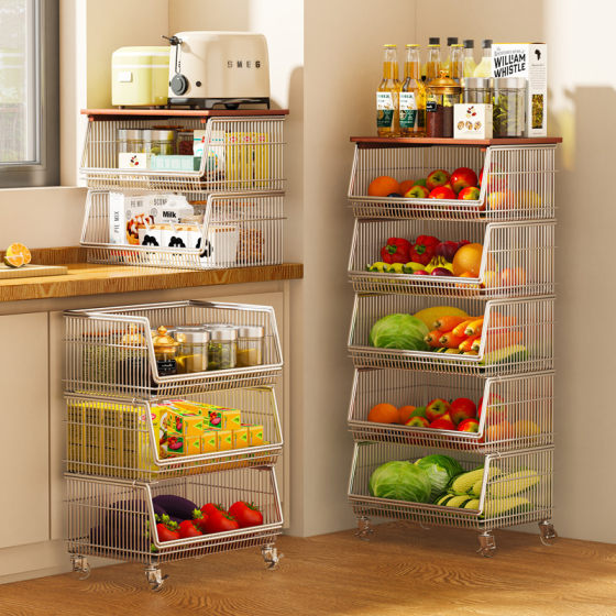 Kitchen Layered Storage Rack Floor-Standing Vegetable Basket Fruit and Vegetable Storage Basket Household Multi-Functional Snack Cart