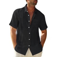 2022亚马逊夏季男装翻领口袋单排扣开衫纯色棉麻休闲短袖男士衬衫