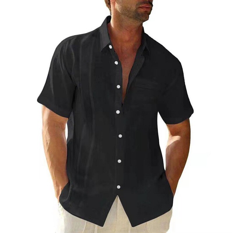 2022 Amazon Summer Men's Lapel Pocket Single Breasted Cardigan Solid Color Cotton and Linen Casual Short Sleeve Men's Shirt