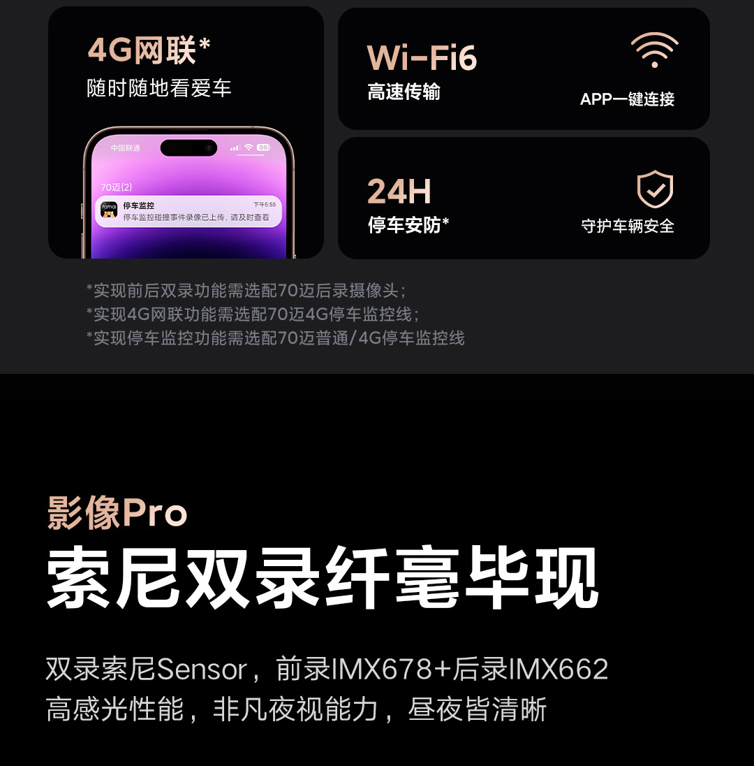 70Mai A810 Pro Dash Cam 4K Night Vision 70Mai Front and Rear Dual Recording Wireless Voice Control with Mobile Phone