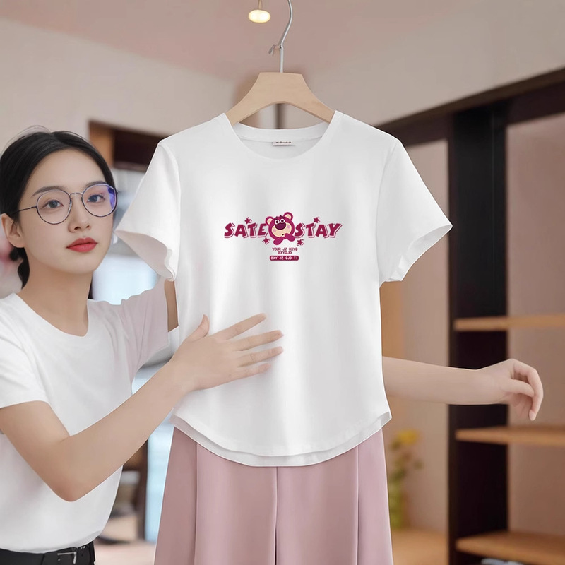 Chic Pure Cotton Curved Hem T-shirt Women's Short-sleeved Summer New Irregular T-shirt Stylik Age-reducing Top Chic Pure Cotton Curved Hem T-shirt Women's Short-sleeved Summer New Irregular T-shirt Stylik Age-reducing Top