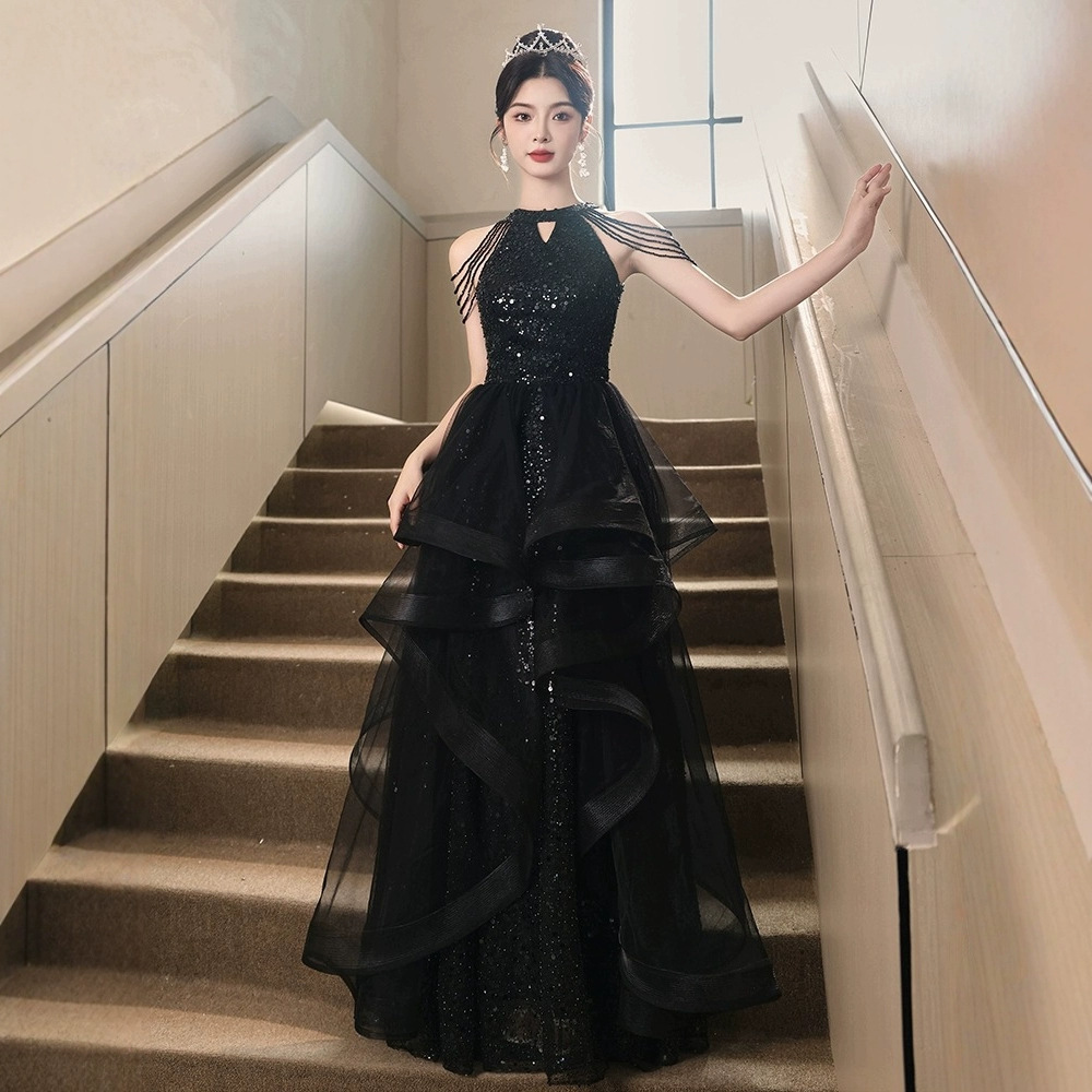 Black Evening Dress Women's Light Luxury Niche High-end Atmosphere High-end Feeling Banquet Elegant Host Dress Adult Ceremony Dinner
