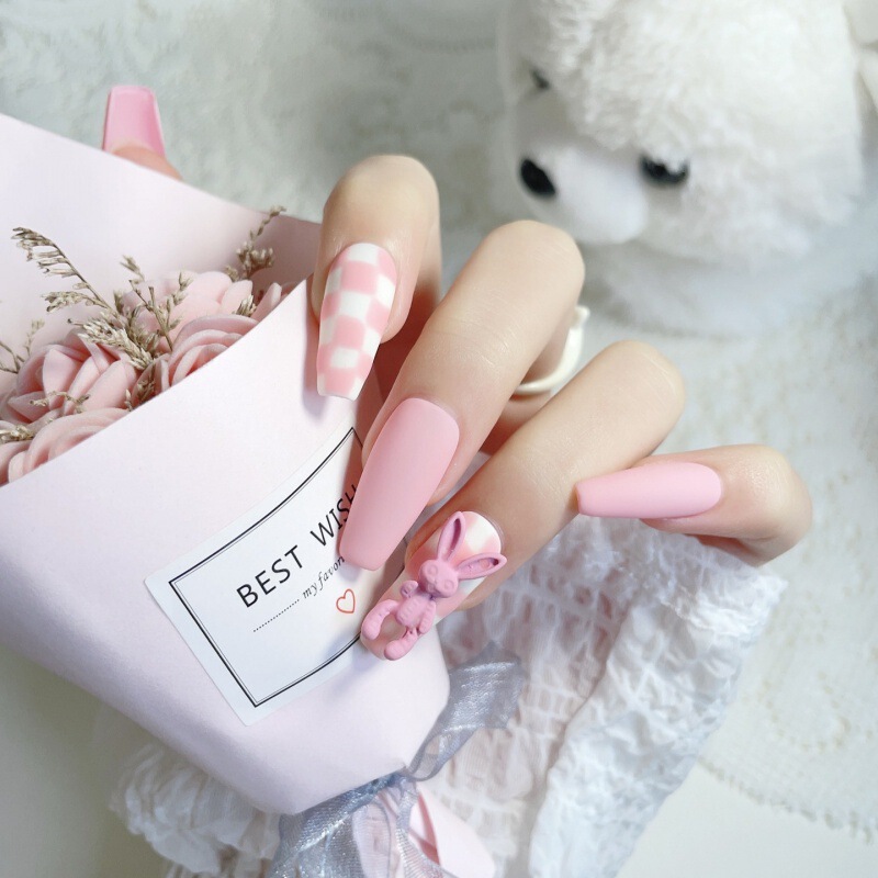 New Handmade Wearable Nails for Girls Pink Cute Style Checkerboard Manicure Patches Removable Fake Nail Patches New Handmade Wearable Nails for Girls Pink Cute Style Checkerboard Manicure Patches Removable Fake Nail Patches
