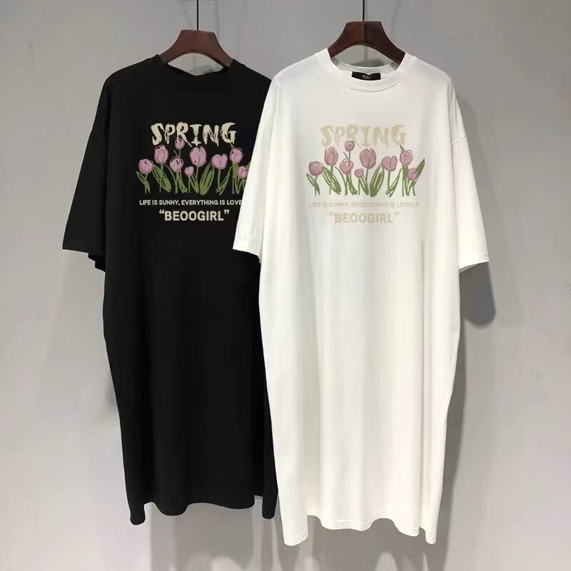 Harajuku Style Hem Slit Trendy Over-The-Knee Short-Sleeve Long T-Shirt Dress for Women, Super Popular on Instagram, Versatile Summer 2026 Dress
