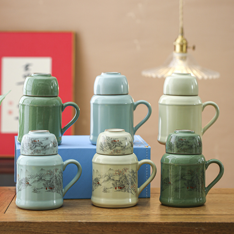 复古小暖壶汝窑陶瓷马克杯带盖收纳包家用办公室商用泡茶壶小礼品