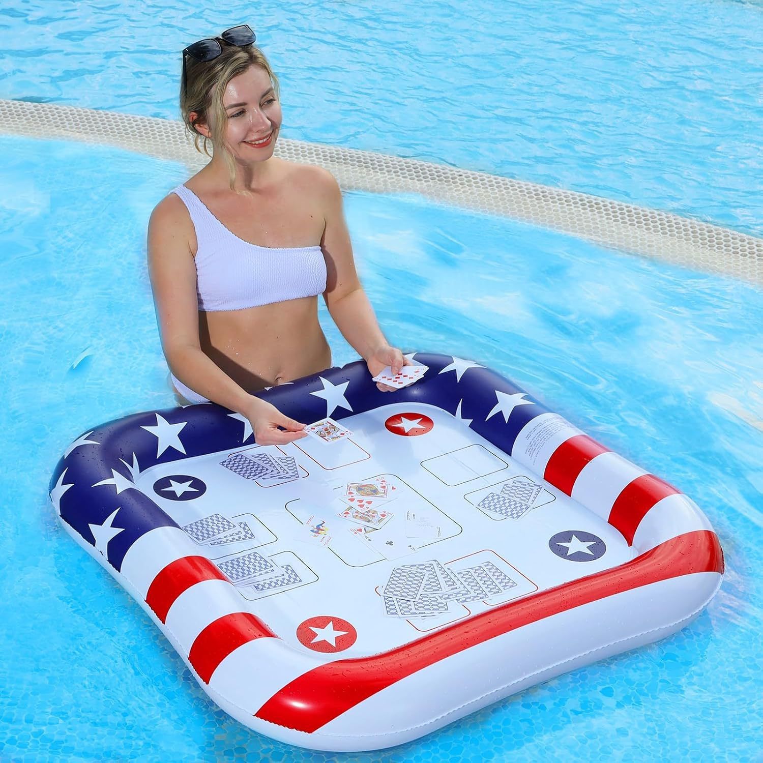Customized Pvc Water Inflatable Toys American Flag Mahjong Table Floating Row Inflatable Poker Game Table Floating Bed