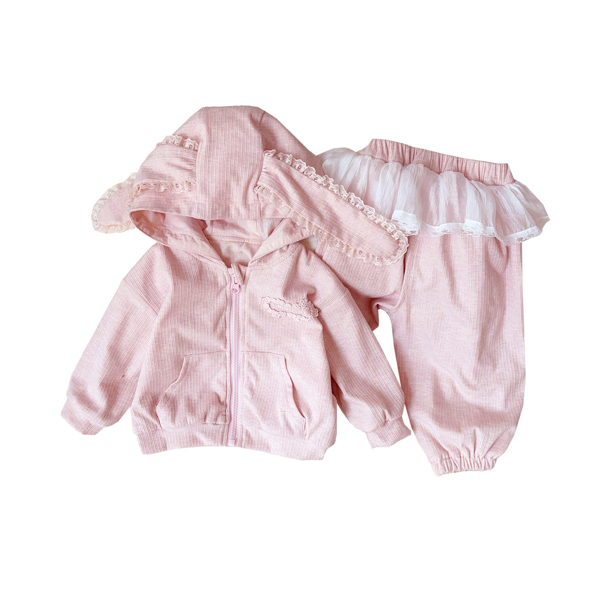 Traje de manga larga para bebé dulce primavera 2025 bebé casual encaje orejas de conejo suéter pantalones de dos piezas