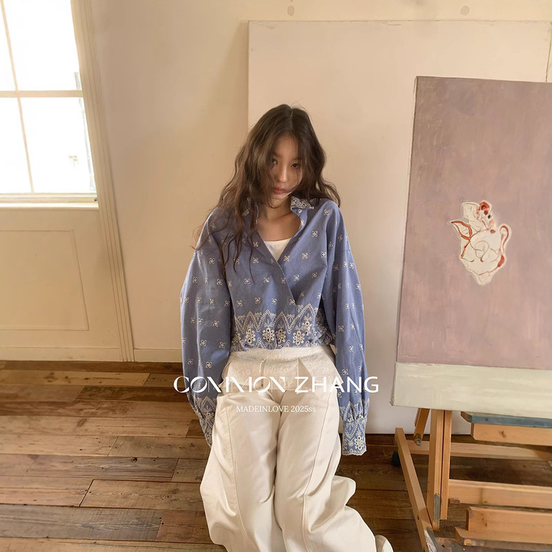 Cz Zhang Summer Embroidered Cut Out Palace Style U-Neck Vest Long-Sleeved V-Neck Shirt Fake Two-Piece Set for Women B13001