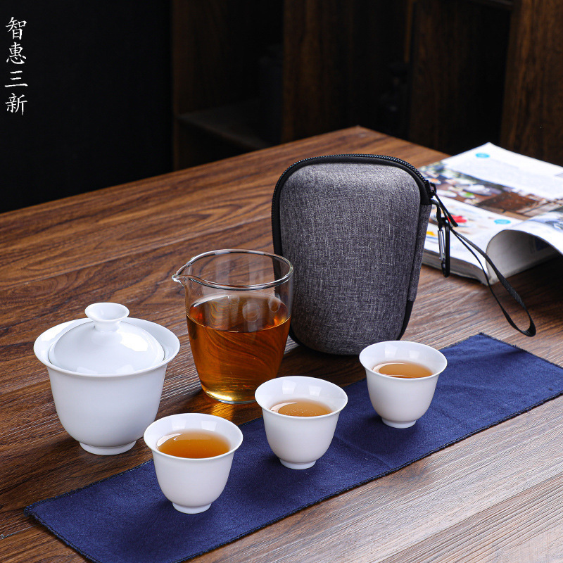 徳化陶旅行茶器セット ポータブルバッグ付き 急須と三杯 キャンプ用功夫茶器ギフトセット|undefined