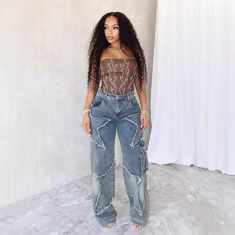 2025 Cross-border Jeans Autumn and Winter New Amazon Star Tassel Fringe Loose Straight Casual Pants Women 2025 Cross-border Jeans Autumn and Winter New Amazon Star Tassel Fringe Loose Straight Casual Pants Women