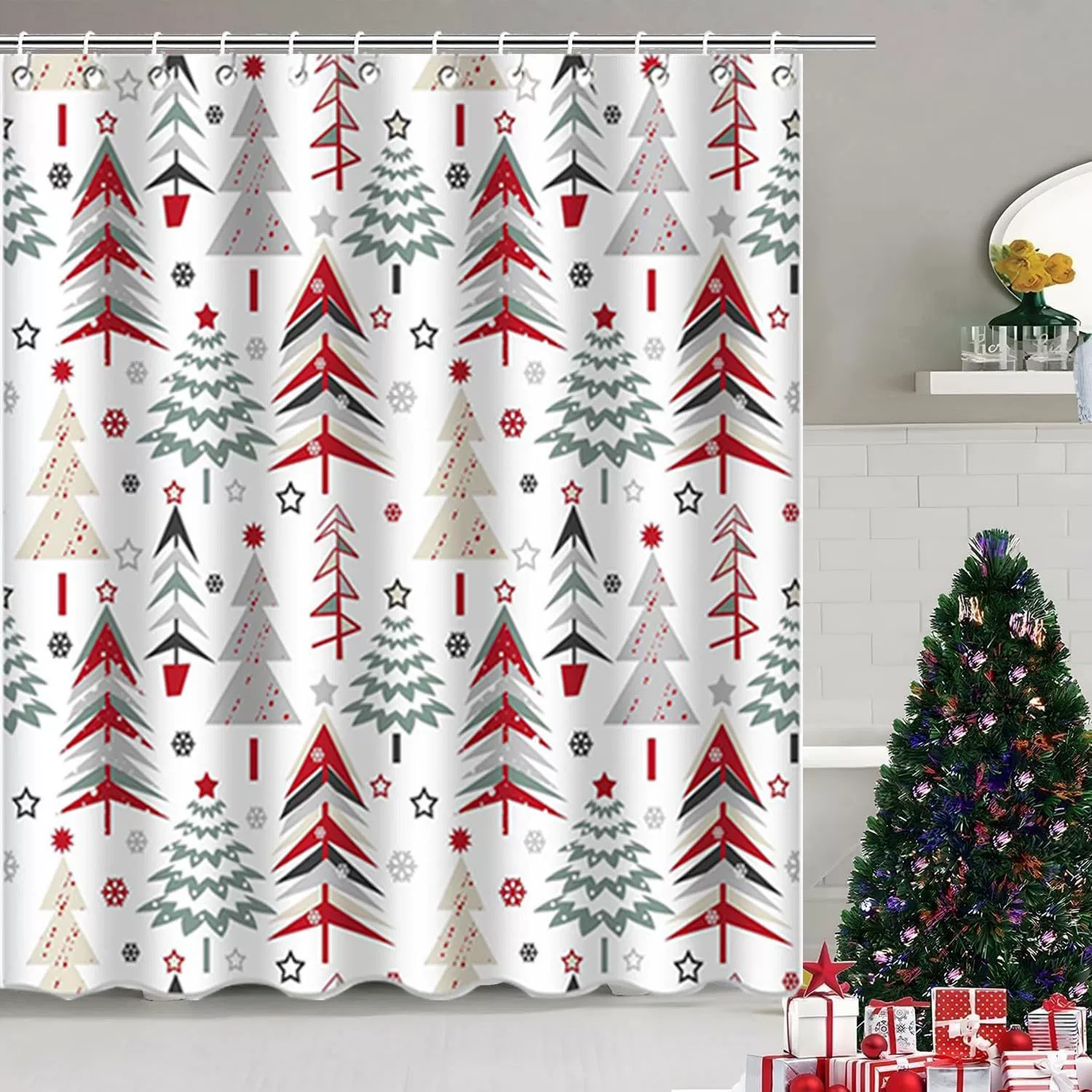 Colorful Merry Christmas shower curtain with hook Christmas tree red star snowflakes seamless pattern funny Christmas shower curtain set