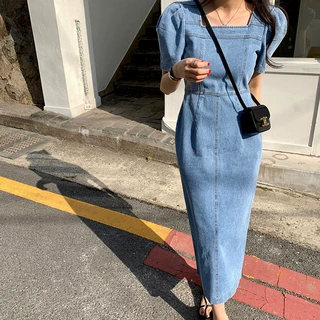 东大门春夏季新款法式气质方领泡泡短袖牛仔连衣裙女韩版长裙