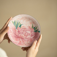 景德镇老岩泥粗陶粉引壶承牡丹大茶盘托盘小果盘茶点盘陶瓷茶具