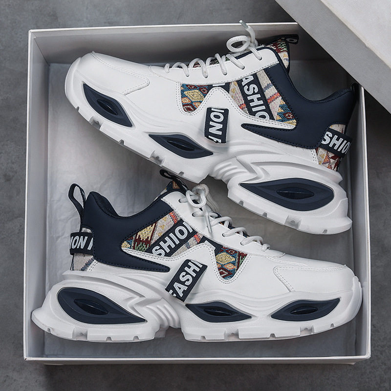 Giày sneaker nam cổ lửng đế dày tăng chiều cao, phối màu, dây buộc, cỡ lớn — Trắng kaki, Trắng xanh, Táo đỏ trắng