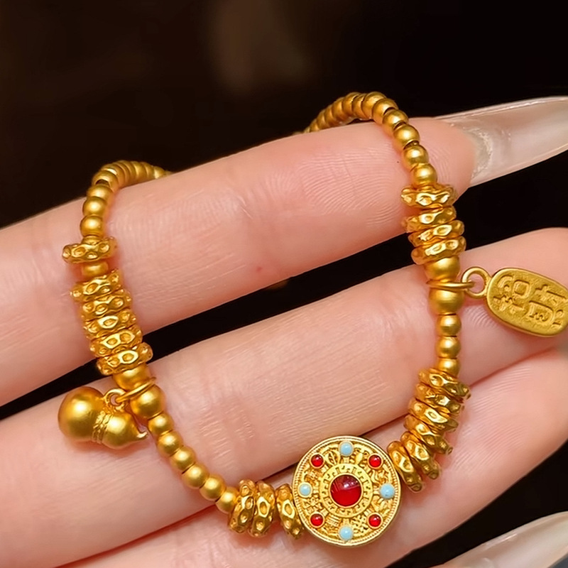 24K Gold-Plated Enamel Eight Treasures Compass and Gourd Bracelet with Strong Color Retention, Same Style as Gold Shops, Fortune and Prosperity Round Bead String 24K Gold-Plated Enamel Eight Treasures Compass and Gourd Bracelet with Strong Color Retention, Same Style as Gold Shops, Fortune and Prosperity Round Bead String