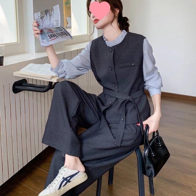 超火收腰马甲阔腿裤套装女春秋三件套韩系超火减龄穿搭设计感|undefined