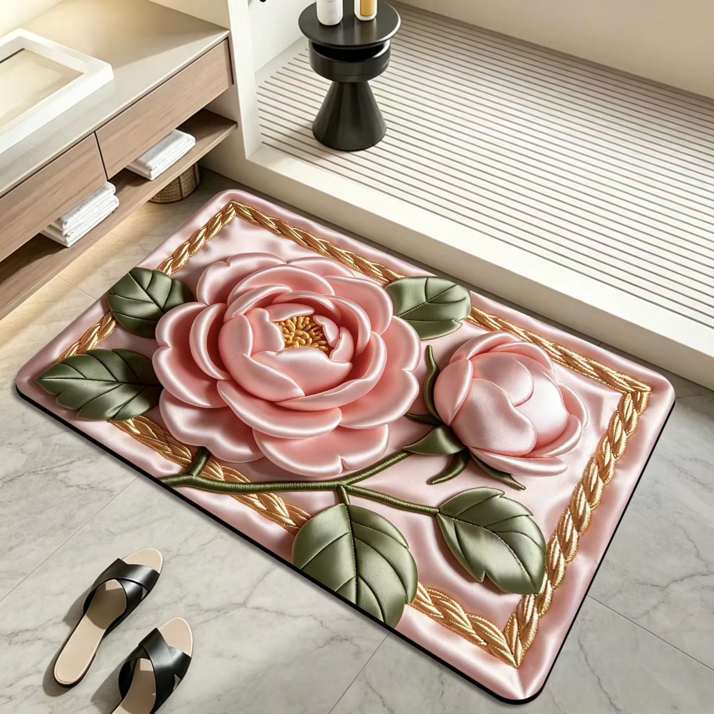 3D estereoscópico flor alfombra de baño absorción de agua antideslizante cojín de barro de diatomeas puerta de baño secado rápido cojín de pies resistente al desgaste
