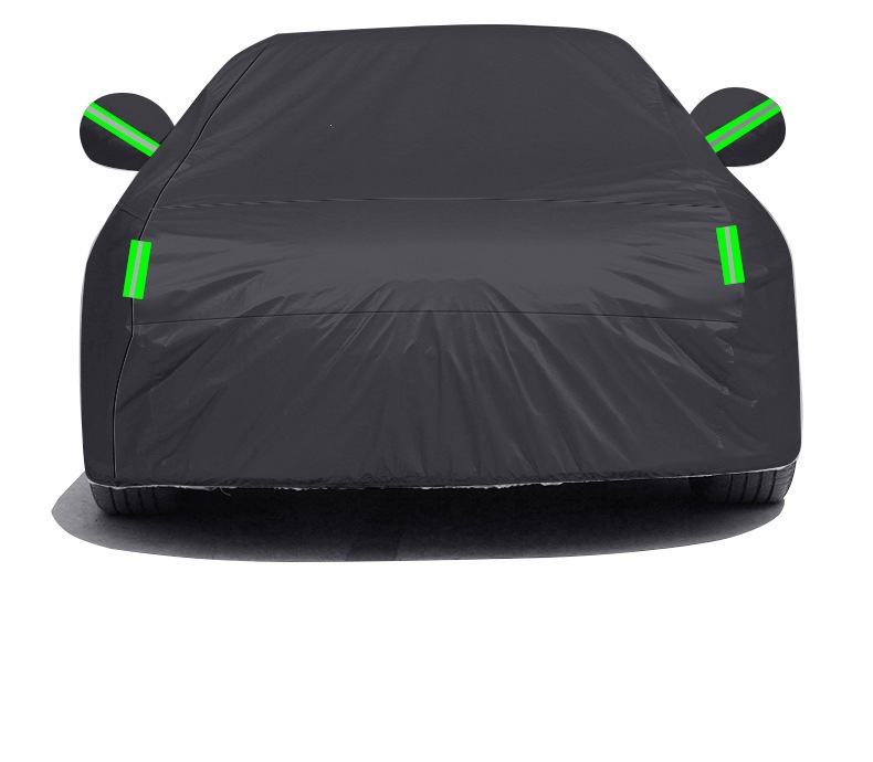 Car cover in all-black with silver-coated fabric, rainproof and sunproof, with reflective strips, made of polyester