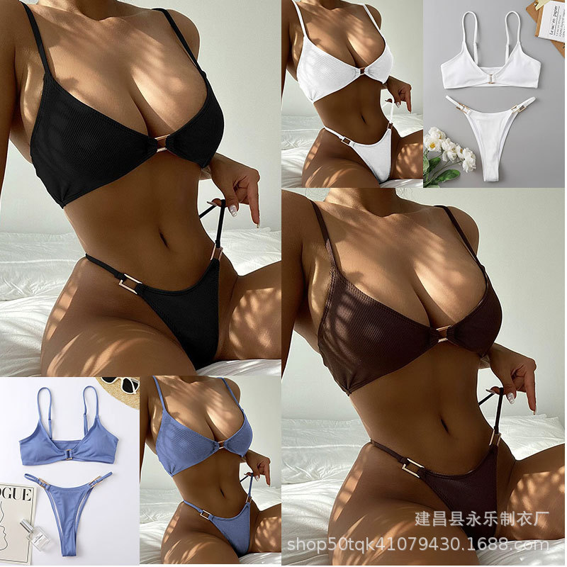 2025 Cross-Border European and American Style Two-Piece Women's Ribbed Solid Color Swimsuit Sexy Women's Bikini Direct from Manufacturer