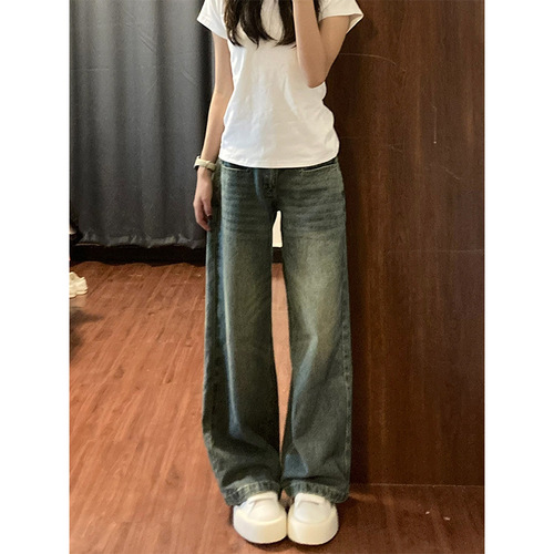 American Retro Wide-Leg Denim Jeans for Women - Summer Design-Focused, Distressed, Loose and Slimming Straight Leg Pants
